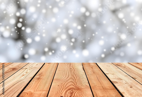 table with white background, Wooden table in winter forest,  empty wood table snowflakes background
