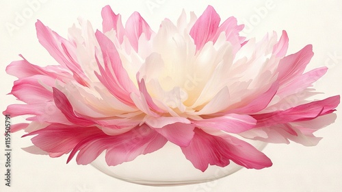 Pink and white flower in transparent vase on white table with white backdrop