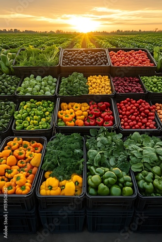 Freshly harvested vegetables in crates at sunset.