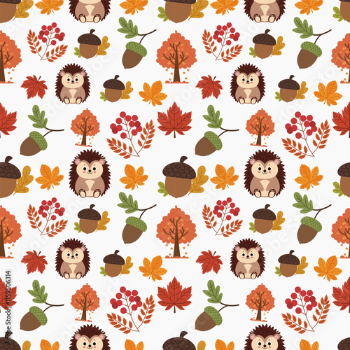 Autumn seamless pattern with different autumn illustrations and elements including acorn, oak tree, hedgehog and more . . 