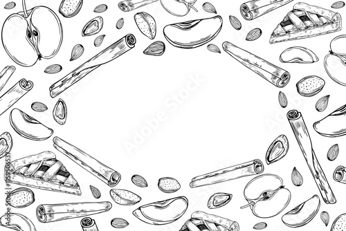 Almond, apple slice, cinnamon sticks and fruit pie slice horizontal frame with empty space. Aromatic seasoning with fresh fruits, nuts monochrome illustration hand painted by black inks for greetings