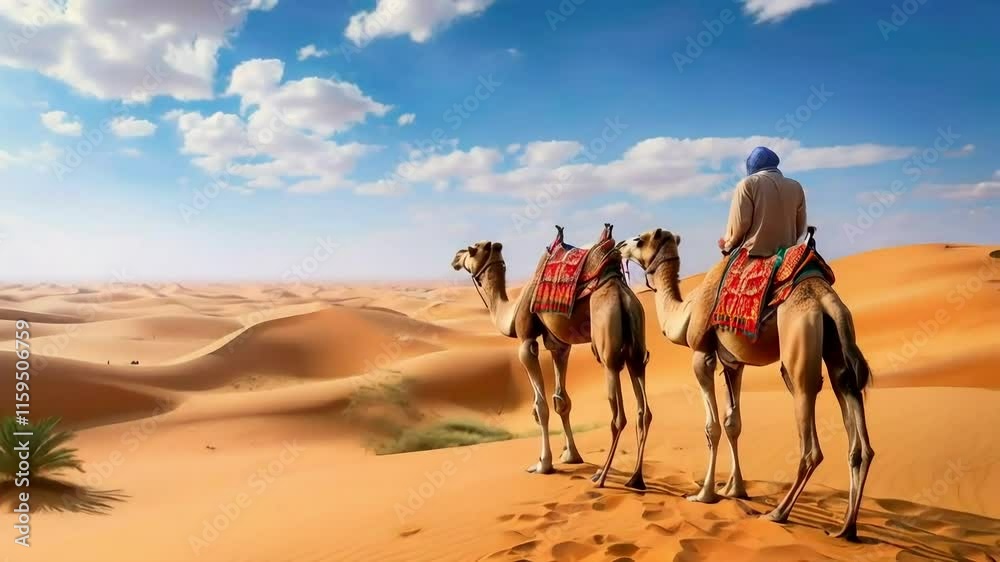 Person riding two camels across a vast, sandy desert under a bright, sunny sky. Person riding two camels across a vast, sandy desert under a bright, sunny sky.