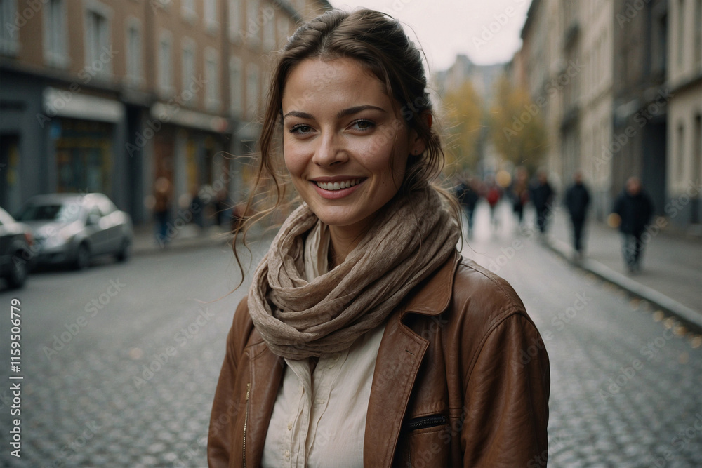 Happy woman walking in the city, smiling. Natural portrait with city background. Suitable for advertising, blogs and fashion projects. Lively facial expression and casual style Happy woman walking in the city, smiling. Natural portrait with city background. Suitable for advertising, blogs and fashion projects. Lively facial expression and casual style