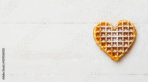  A heart-shaped waffle with powdered sugar on top sits atop a white wooden surface, surrounded by ample copy space