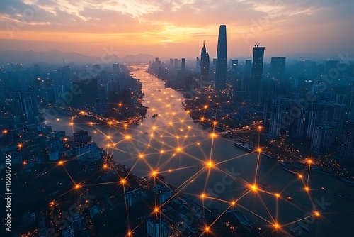 Sunrise over cityscape with network connections.