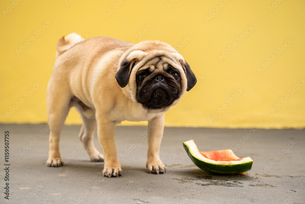 An adorable dog savors a juicy watermelon slice, standing on a concrete surface, against a vibrant yellow background. Refreshing summer delight. An adorable dog savors a juicy watermelon slice, standing on a concrete surface, against a vibrant yellow background. Refreshing summer delight.