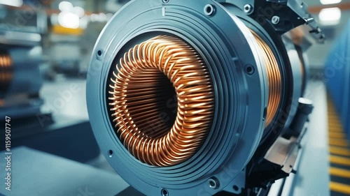 Detailed view of a highefficiency electric motor resting atop a clean workbench revealing its sleek design with smooth metallic surfaces and tightly copper coils. photo