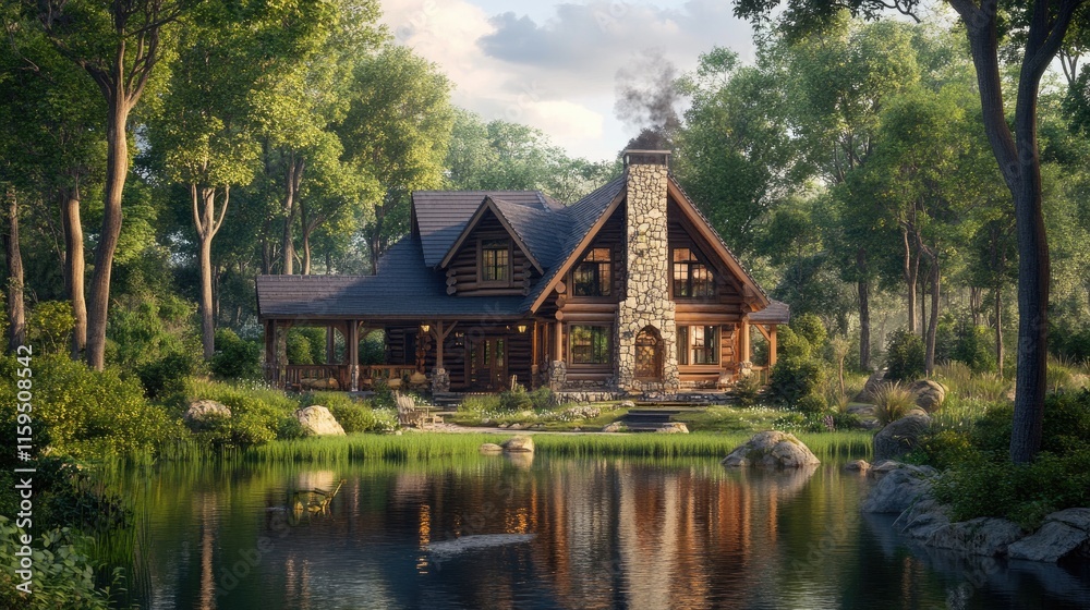 Obraz premium Log Cabin Home Beside Serene Forest Pond