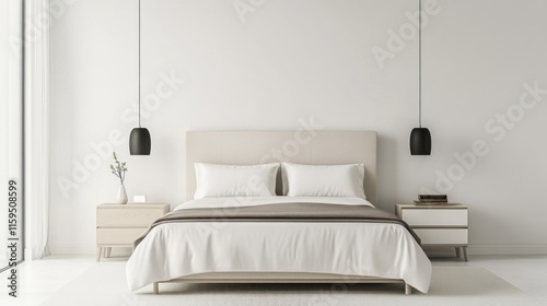 Elegant minimalist master bedroom with minimal decor. Featuring clean lines and a relaxing environment