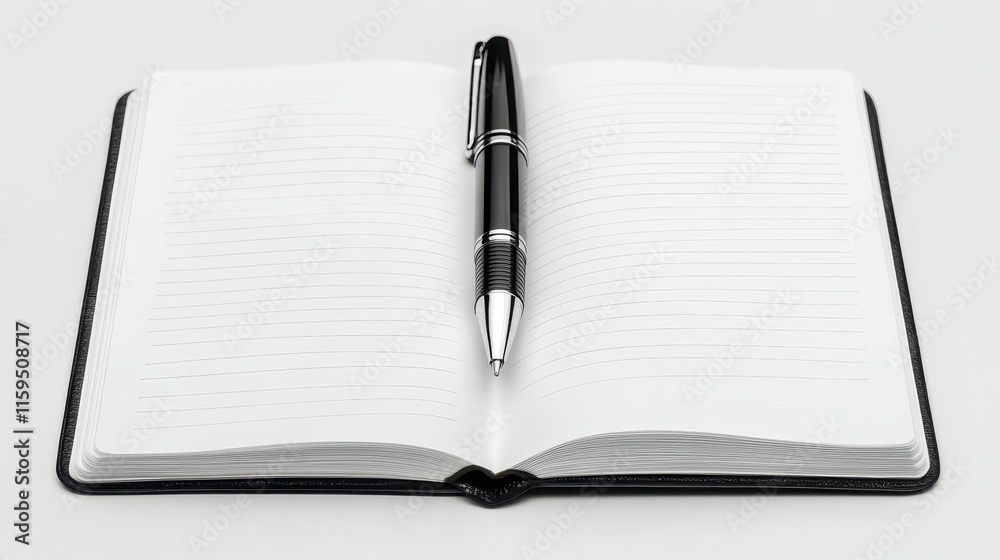 Blank notebook with a pen resting on a tidy desk for writing or brainstorming ideas Blank notebook with a pen resting on a tidy desk for writing or brainstorming ideas