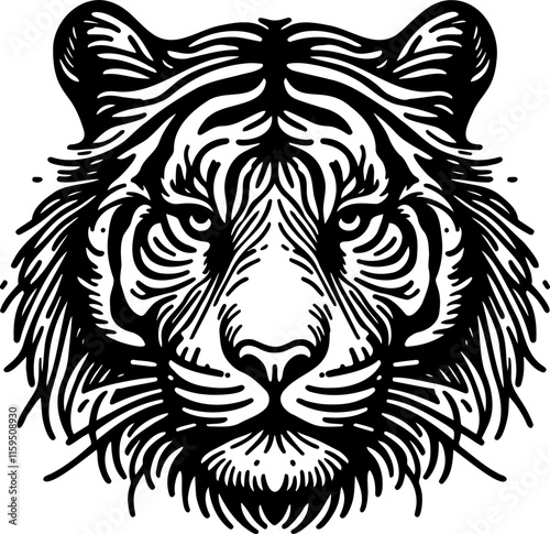 Demonstrative graphic portrait of a tiger in engraving style