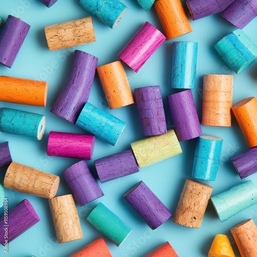 Colorful wine corks scattered on a blue background. photo