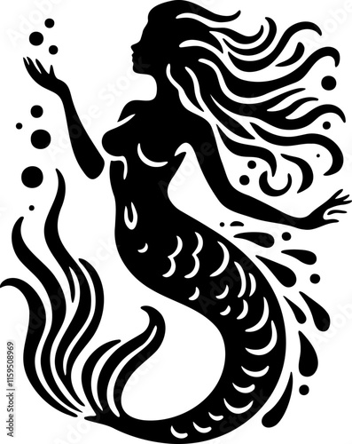 Elegant Black Silhouette of a Mermaid Playing with Bubbles