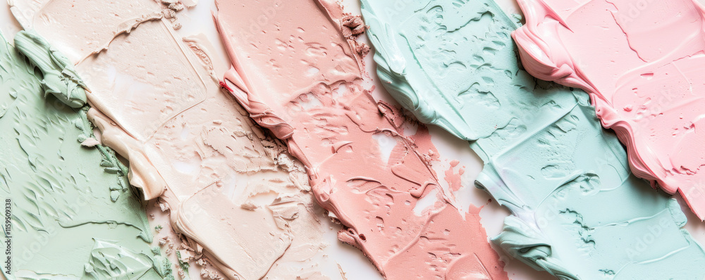 Soft pastel coral, mint green, blue and pink liquid makeup design with creamy textures.