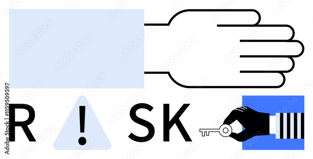 Hand holding a key with the word RISK and a warning triangle. Ideal for security, business, education, legal, compliance, safety training, and awareness campaigns. Line metaphor Hand holding a key with the word RISK and a warning triangle. Ideal for security, business, education, legal, compliance, safety training, and awareness campaigns. Line metaphor
