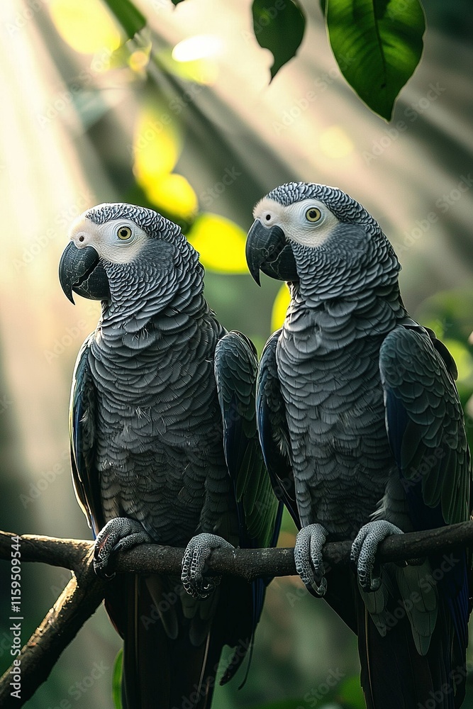 Fototapeta premium Two parrots on a tree branch under golden sunlight with a light ray in the background