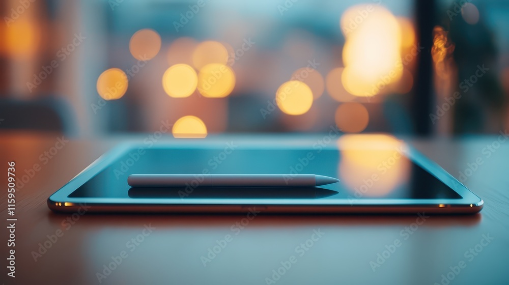 Stylus resting on a tablet illuminated by warm evening lights Stylus resting on a tablet illuminated by warm evening lights