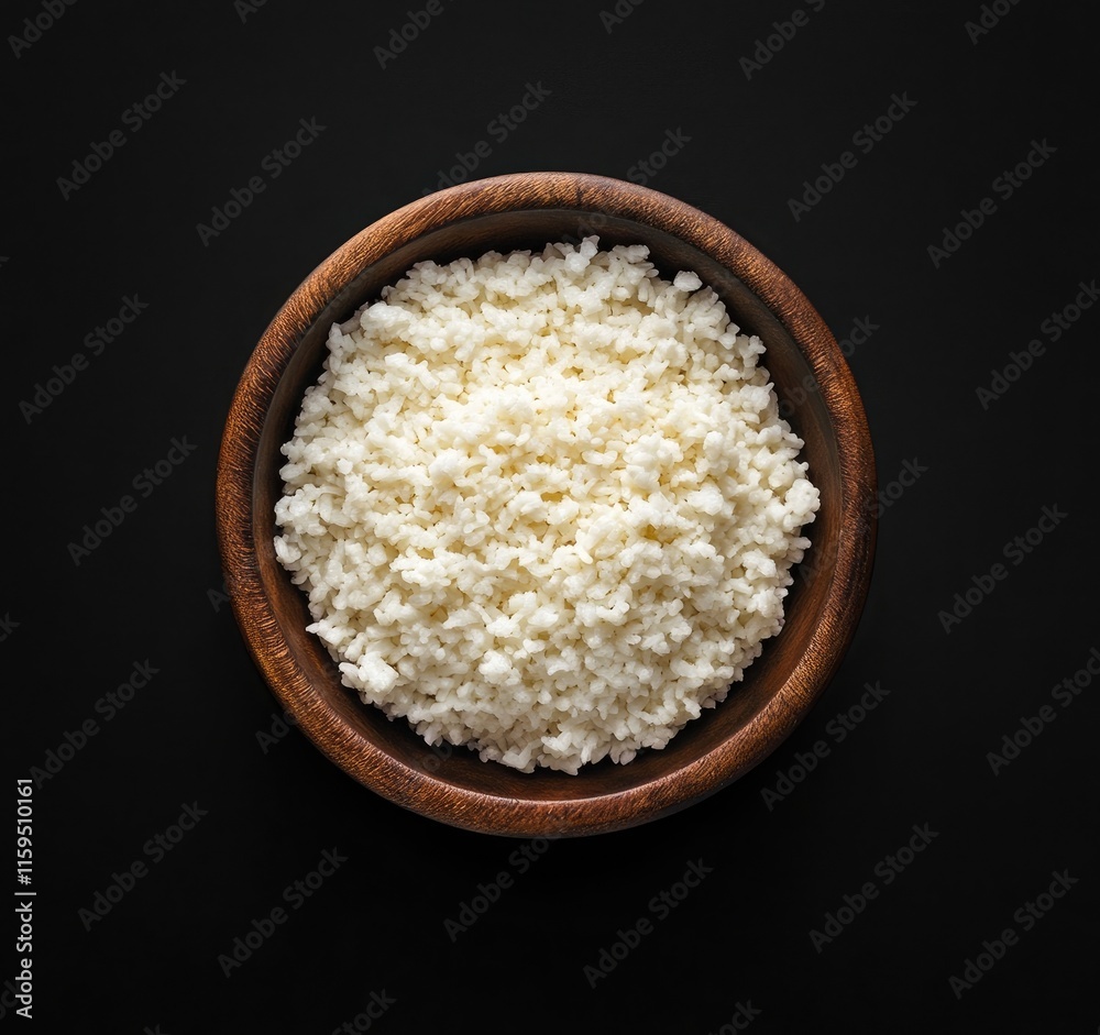 White rice in a wooden bowl, isolated on a black background, top view White rice in a wooden bowl, isolated on a black background, top view