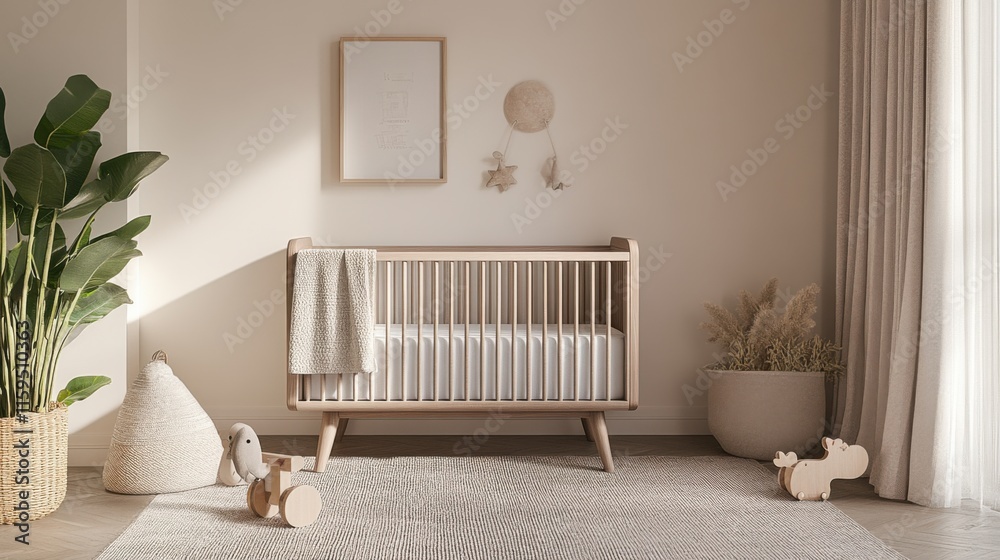 Elegant minimalist nursery with minimal decor. Featuring clean lines and a cozy setup Elegant minimalist nursery with minimal decor. Featuring clean lines and a cozy setup