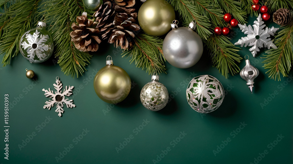 New Year's decorations elegantly arranged on a wooden surface, featuring sparkling ornaments, twinkling lights, and festive ribbons. New Year's decorations elegantly arranged on a wooden surface, featuring sparkling ornaments, twinkling lights, and festive ribbons.