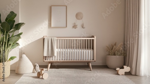 Elegant minimalist nursery with minimal decor. Featuring clean lines and a cozy setup