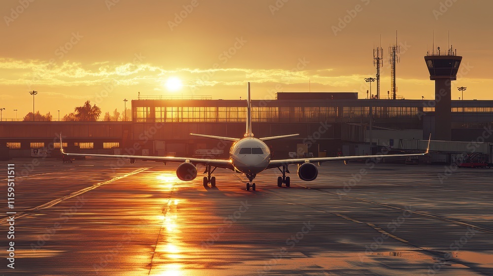 Civil aviation aircraft prepares for takeoff at sunset at a busy airport terminal Civil aviation aircraft prepares for takeoff at sunset at a busy airport terminal