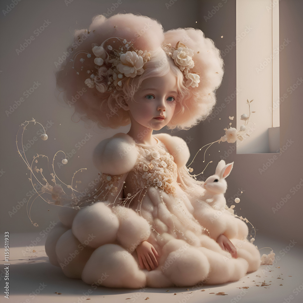 The cutest doll with volume hairstyle in a fashionable dress of dust color and pink fluffy with a pink bunny. Digital work of art. Generated by artificial intelligence