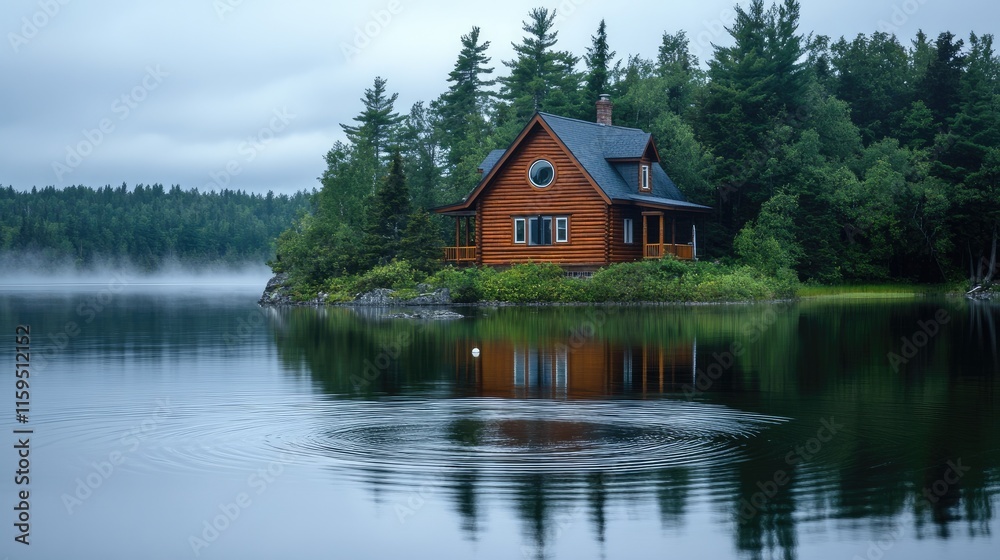 Log Cabin Lakeside Serene Misty Morning Scene Log Cabin Lakeside Serene Misty Morning Scene