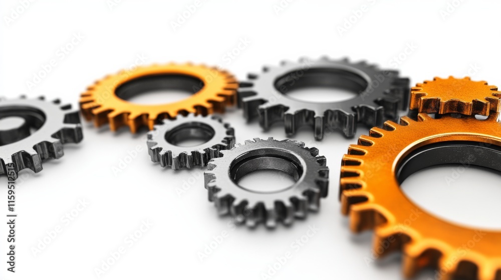 Close-Up of Interlocking Gears in Black and Orange Colors on a Bright Background Representing Engineering, Industry, and Mechanical Design Concepts Close-Up of Interlocking Gears in Black and Orange Colors on a Bright Background Representing Engineering, Industry, and Mechanical Design Concepts