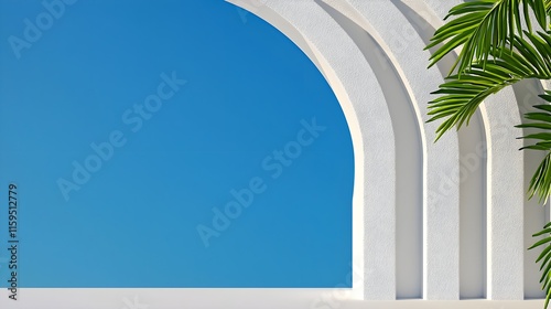 Captivating minimalist architecture showcases white arches framing a vibrant blue sky, complemented by lush green foliage, creating a serene and modern visual experience.