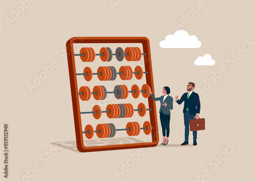 Business people with abacus for calculations. Accounting operations. Concept of financial management, optimization, duty, financial accounting. Flat vector illustration