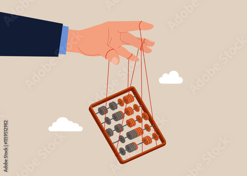 Businessman controls abacus for calculations. Loan calculation, budget allocation, expense and debt pay off or payment. Flat vector illustration