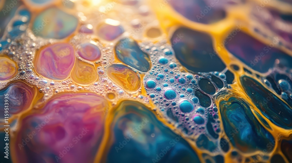 Colorful soap bubbles create vibrant patterns in macro detail under soft lighting Colorful soap bubbles create vibrant patterns in macro detail under soft lighting