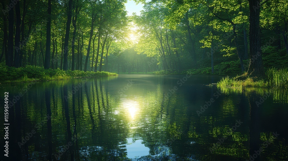 Serene lakeside reflections creating a mirror-like effect at sunrise in a tranquil forest