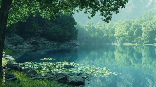 Serene lakeside reflections create a tranquil atmosphere in nature