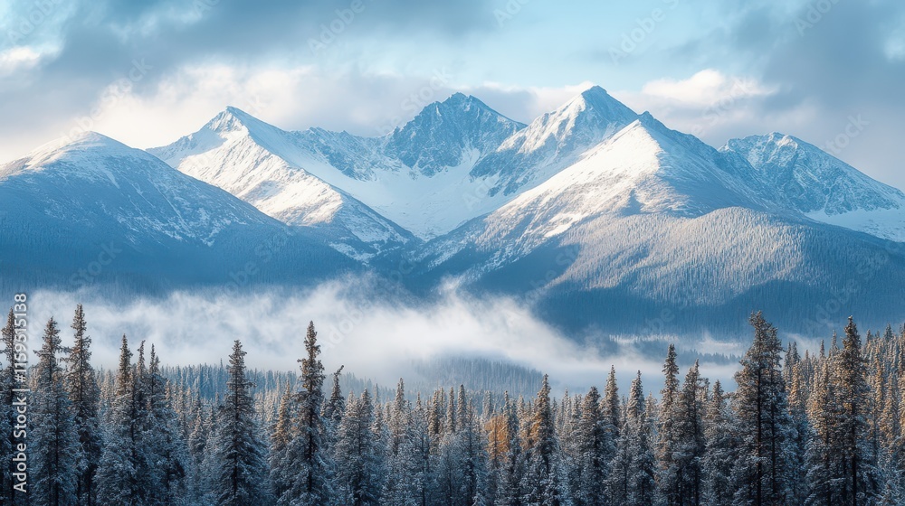 Majestic snow-capped mountains rise above a winter forest landscape Majestic snow-capped mountains rise above a winter forest landscape