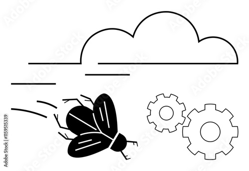 Fly dashing towards two meshed gears under abstract cloud. Ideal for technology, efficiency, productivity, innovation, speed, problem-solving, and brainstorming. Line metaphor