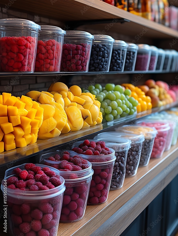 Colorful fruit and berry display in containers on shelves. Colorful fruit and berry display in containers on shelves.
