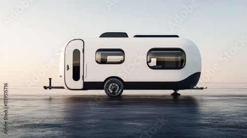 Modern camper trailer parked on asphalt at sunset embracing wanderlust and freedom