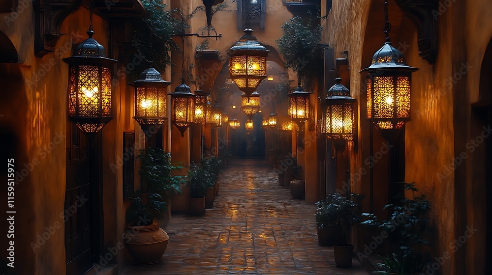 Illuminated alleyway with hanging lanterns at night. (1) Illuminated alleyway with hanging lanterns at night. (1)