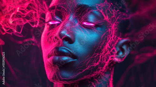 A striking portrait features a woman with a serious expression. Glowing pink lines and vibrant colors accentuate her facial features against a dark background, creating a surreal atmosphere.