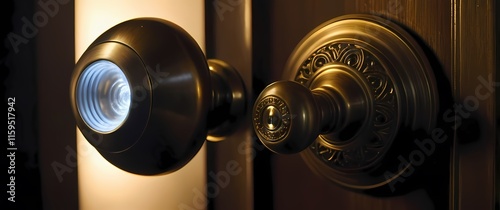 Close up of a metallic doorknob with reflections of light photo