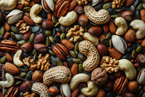Colorful assortment of nuts and seeds creates a vibrant, chaotic display perfect for healthy snacking and culinary uses