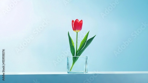   Single red tulip in blue glass, blue sky reflection