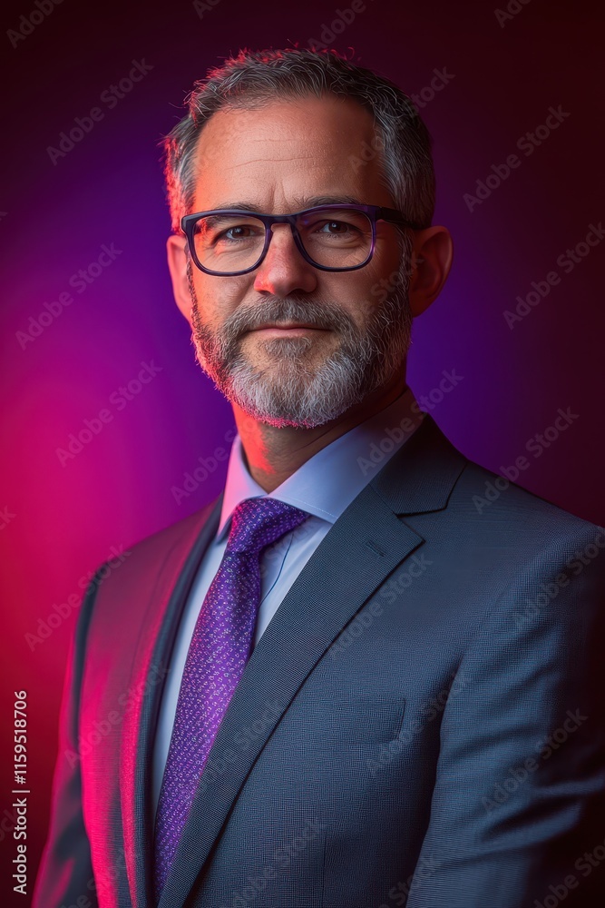 Executive man portrait showcasing confidence in a vibrant setting with dramatic lighting Executive man portrait showcasing confidence in a vibrant setting with dramatic lighting