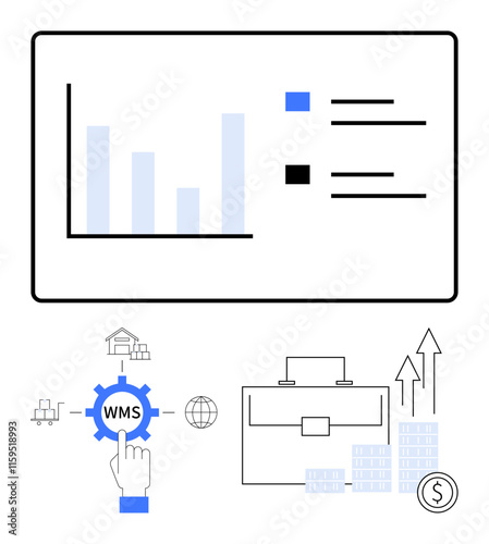 Bar graph on digital interface, hand selecting WMS gear, business suitcase, warehouse, global icon, bar chart with upward arrows, dollar sign. Ideal for logistics, warehouse business growth data