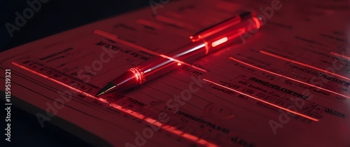 Close up of a financial ledger with a red pen marking critical figures and entries photo