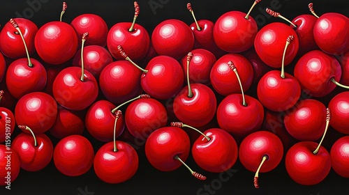   A large pile of red cherries on a black surface against a black background