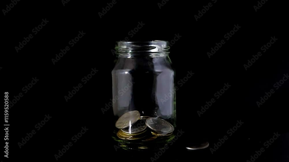 Ghanaian cedis and pesewas coins falling into transparent savings glass jar bottle container Ghanaian cedis and pesewas coins falling into transparent savings glass jar bottle container