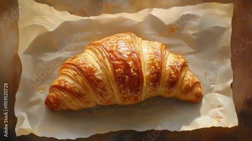 Freshly baked croissant resting on parchment paper in a cozy kitchen setting